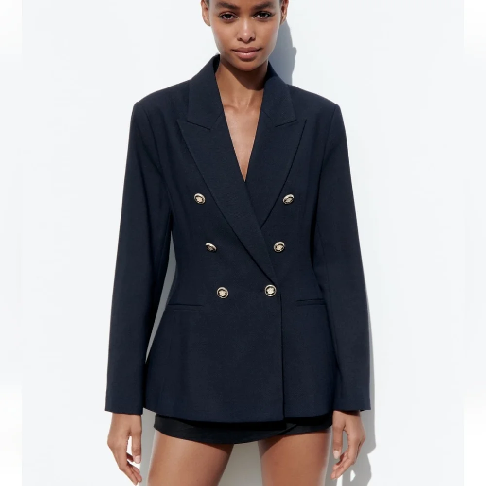 ZARA * DOUBLE BREASTED BLAZER NAVY PIQUE BLAZER - Picture 8 of 13